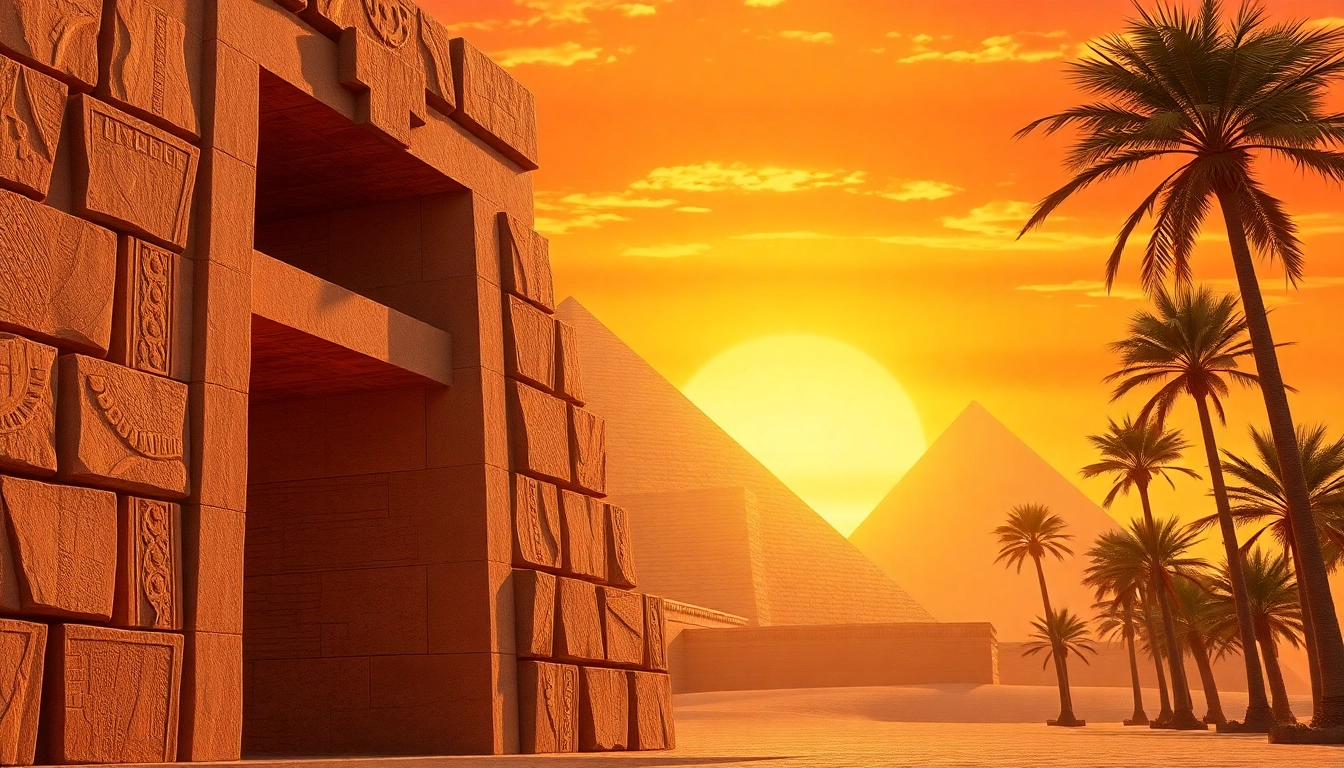 Explore captivating ancient piraminds standing majestically against a vibrant sunset backdrop.