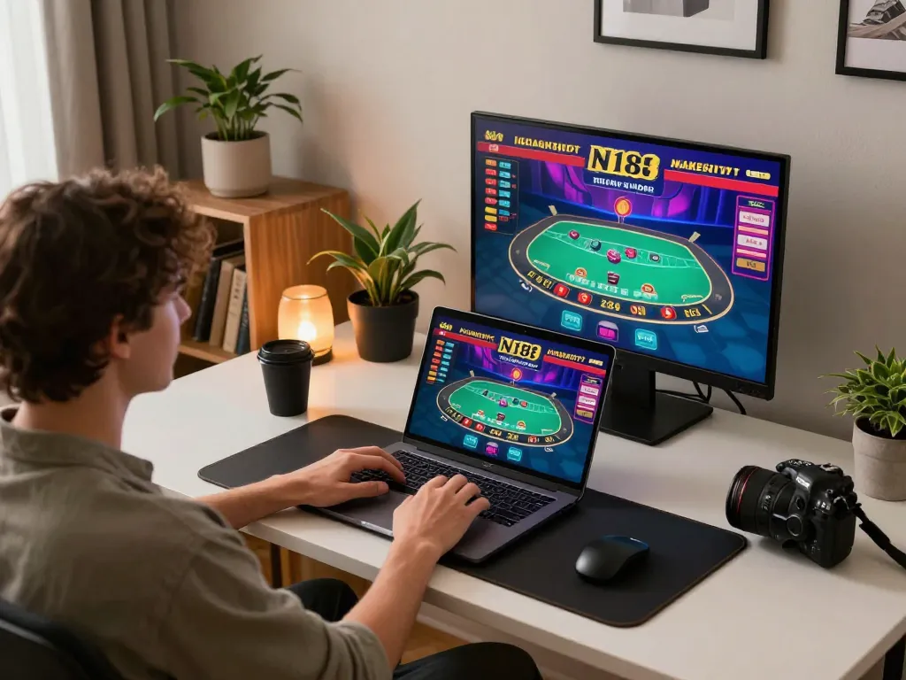 Player enjoying N188 live dealer blackjack at home with vibrant screen and stylish decor