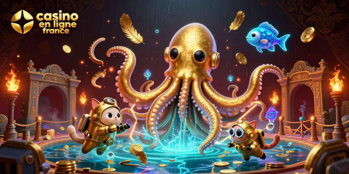 Jouez sur les casinos en ligne en France avec un kraken géant et un chat plongeur dans une scène dynamique.