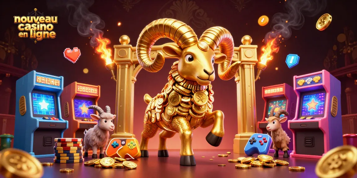Découvrez le nouveau casino en ligne avec une illustration dynamique d'un bélier doré chargé vers une porte, entouré de machines de jeu.