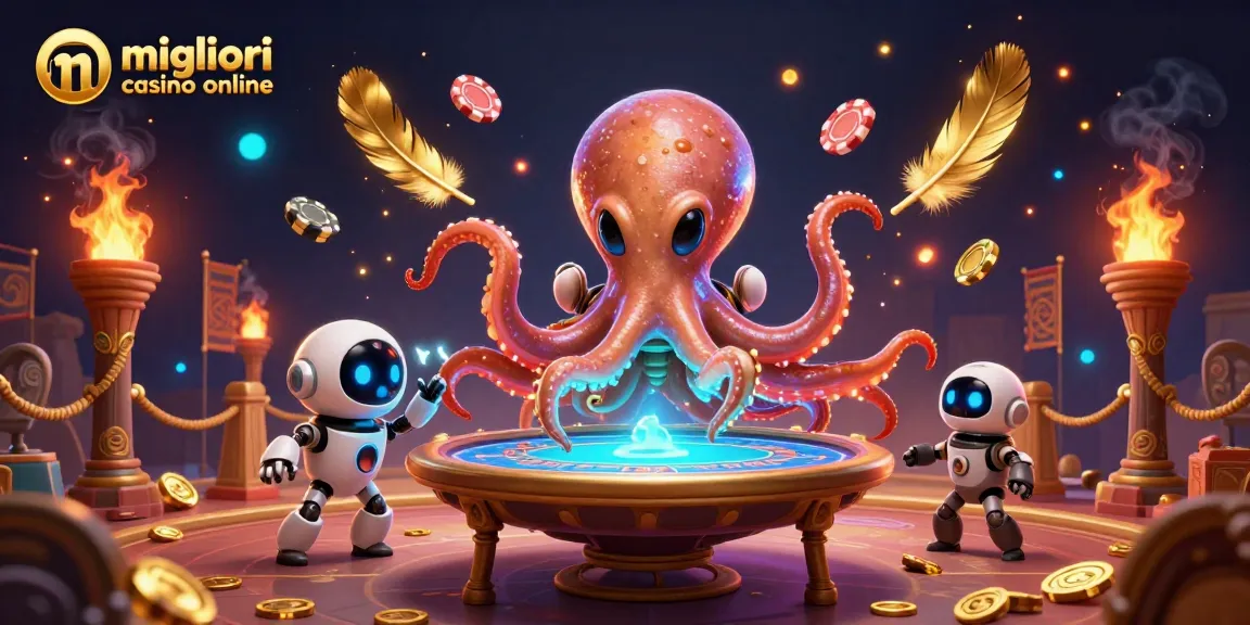 Gioca nei migliori casino online con l'octopus alieno e un robot, in un'atmosfera di giochi d'azzardo.