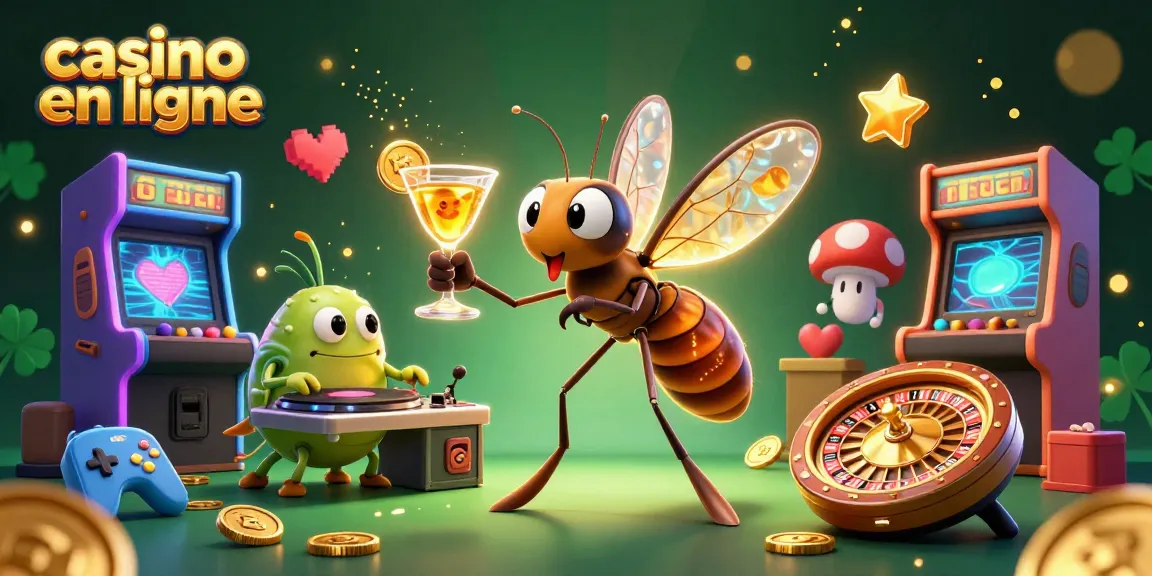 Attirez la chance avec ce casino en ligne dynamique illustrant un moustique mascotte et un DJ trilobite.