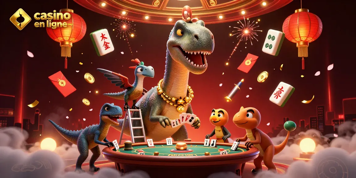 Illustration dynamique d'un brontosaurus et raptor travaillant dans un casino en ligne France, entourés de symboles de jeu.