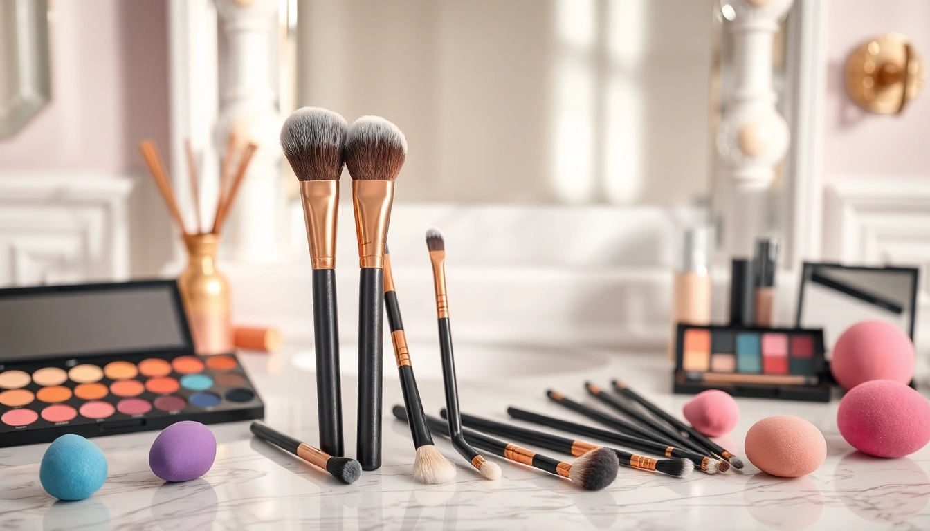 Unleashing creativity with premium makeup blending brushes showcased on a marble countertop.