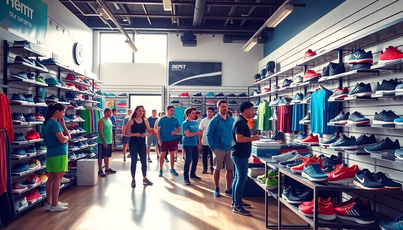 Clientes felices explorando la tienda de deportes con diversas opciones de equipos deportivos.