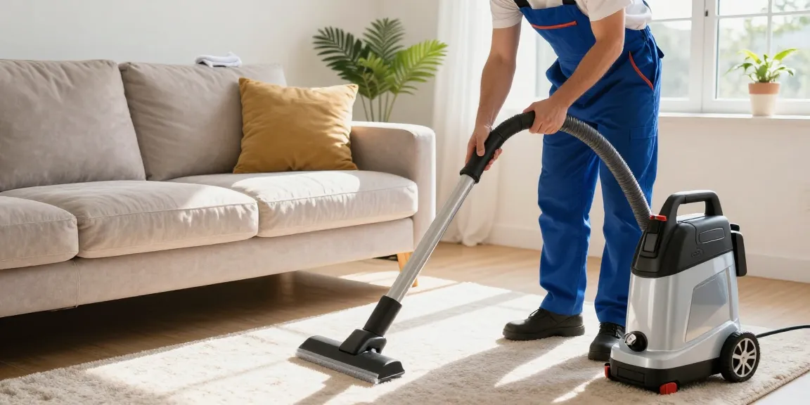 Upholstery cleaning near me illustrated by a technician cleaning a sofa in a bright living room.