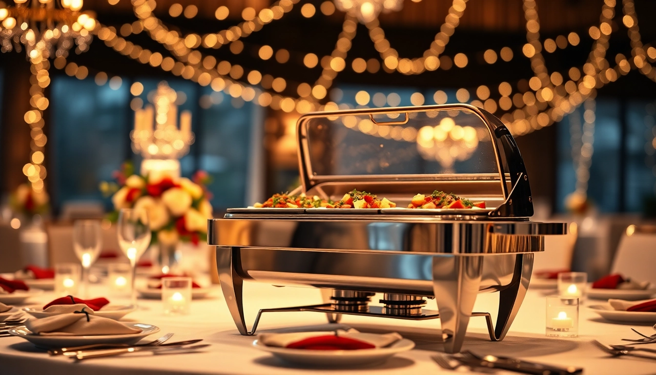 A chafing dish elegantly presented on a banquet table, showcasing gourmet dishes and festive decor.