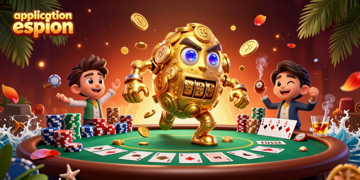 Application espion : jeu de casino avec un golem doré, table de poker et jetons colorés.