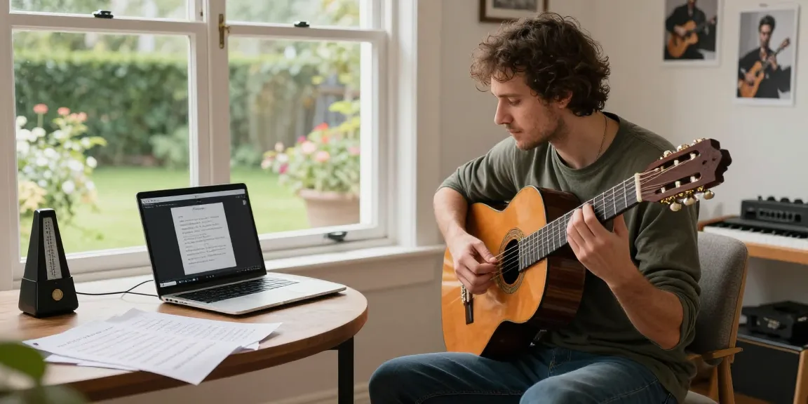 Online classical guitar lessons in a bright home studio with an aspiring guitarist engaged in learning.