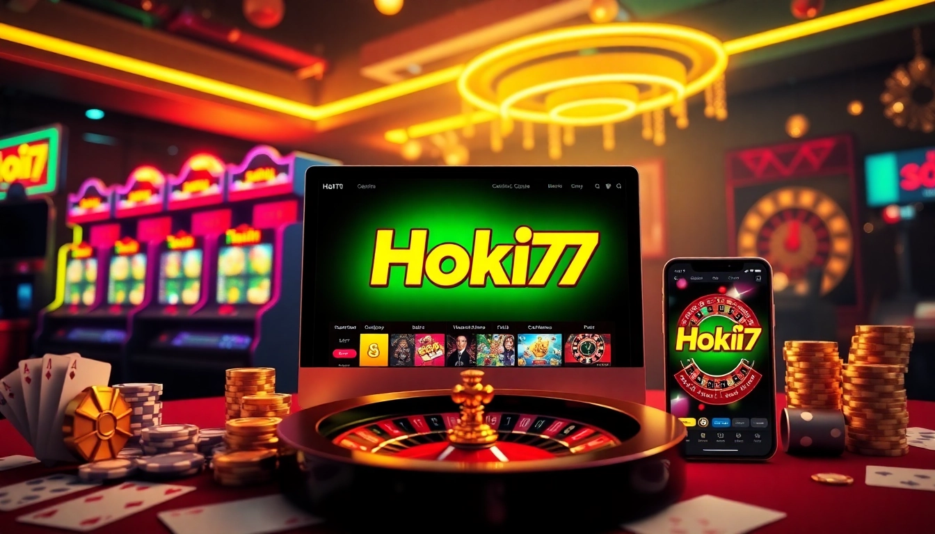 Experience thrilling online gameplay on Hoki77 with vibrant slot machines and poker chips.