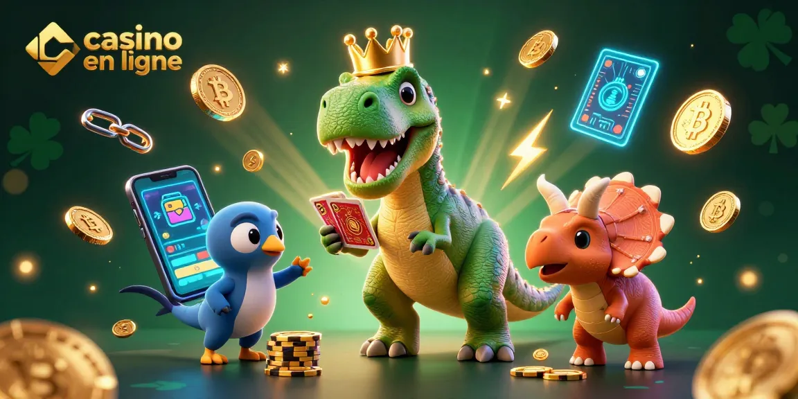Une illustration de casino en ligne montrant un T-Rex jouant aux cartes avec des jetons dorés.