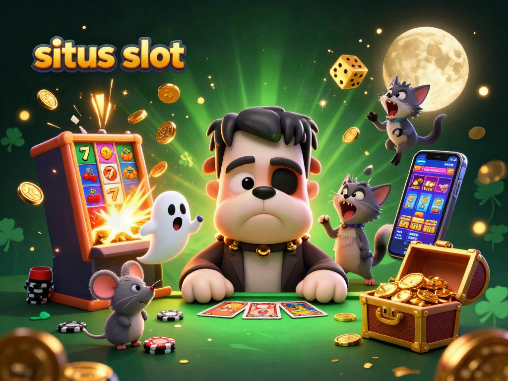 Experience the thrill of situs slot with a whimsical 3D casino scene featuring lively characters and vibrant game elements.