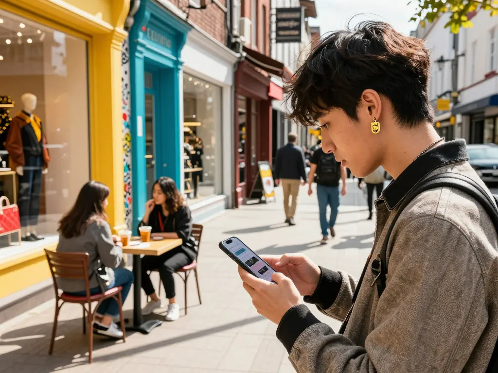 Person exploring luxury 레플리카 fashion in an urban shopping district with vibrant storefronts and stylish accessories.