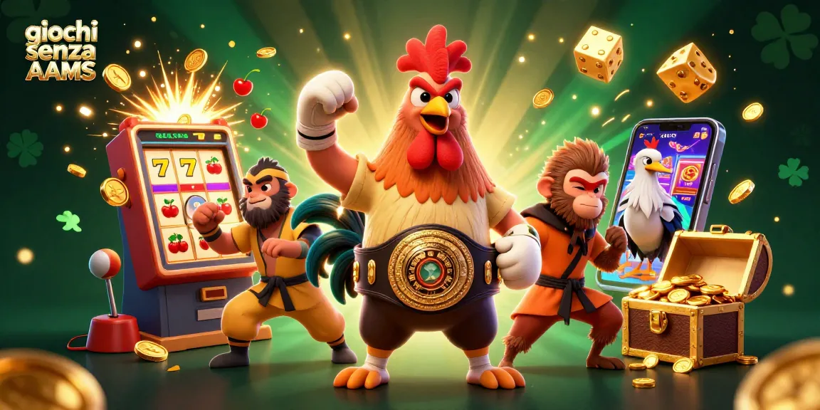 Scopri giochi senza AAMS con il gallo della Muay Thai e simboli delle slot in un'illustrazione vibrante.