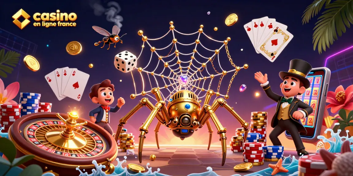 Découvrez un casino en ligne France avec une illustration en 3D d'une araignée en laiton attrapant des dés chanceux.
