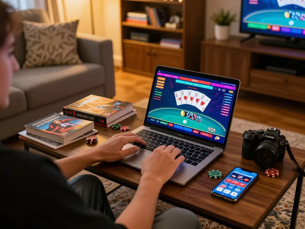 Engaging gamer enjoying w 88 online casino on laptop with strategic notes around.