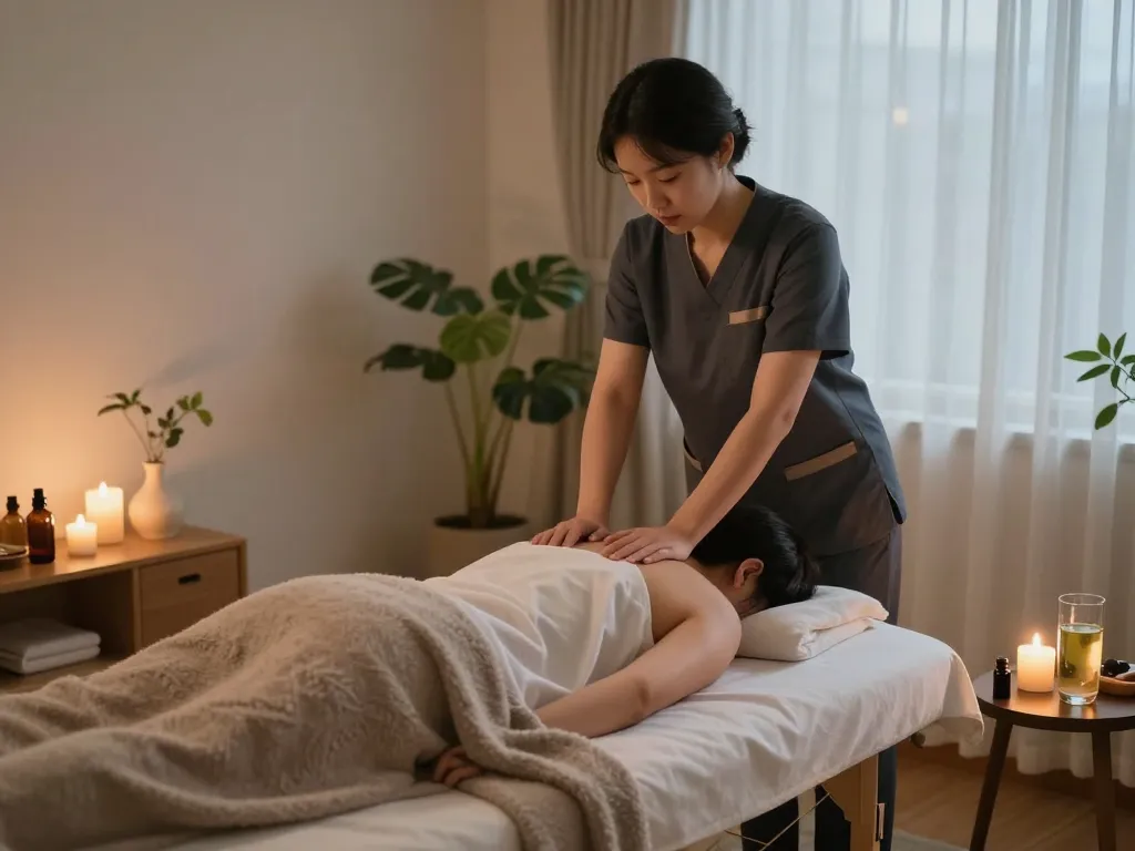 인천 출장마사지 session in a calming home atmosphere, featuring a relaxed client and soothing decor.