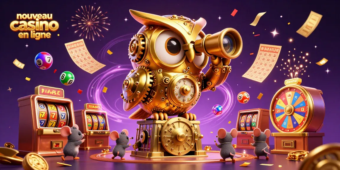 Jouez dans le nouveau casino en ligne avec notre illustration animée, hibou doré et machines à sous.