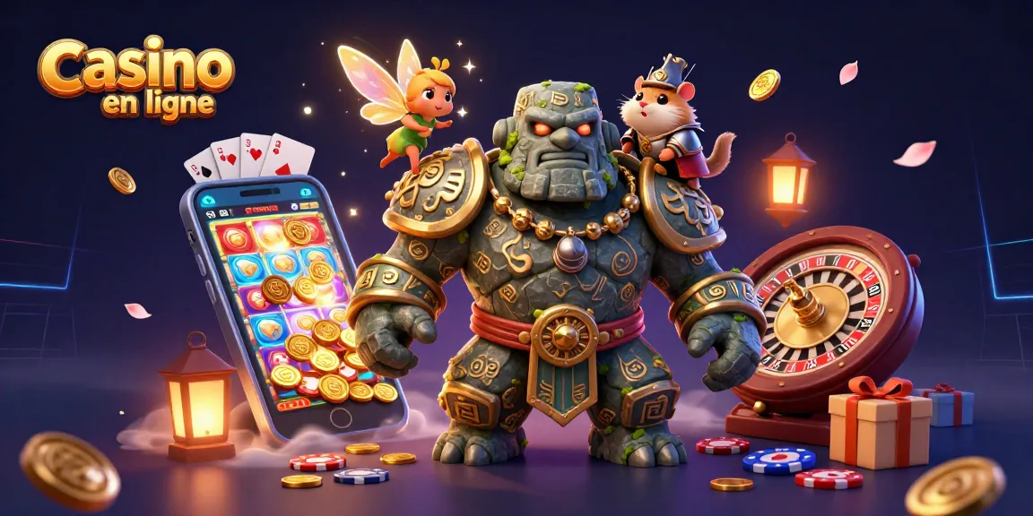 Illustration dynamique de casino en ligne avec un golem et un hamster chevalier