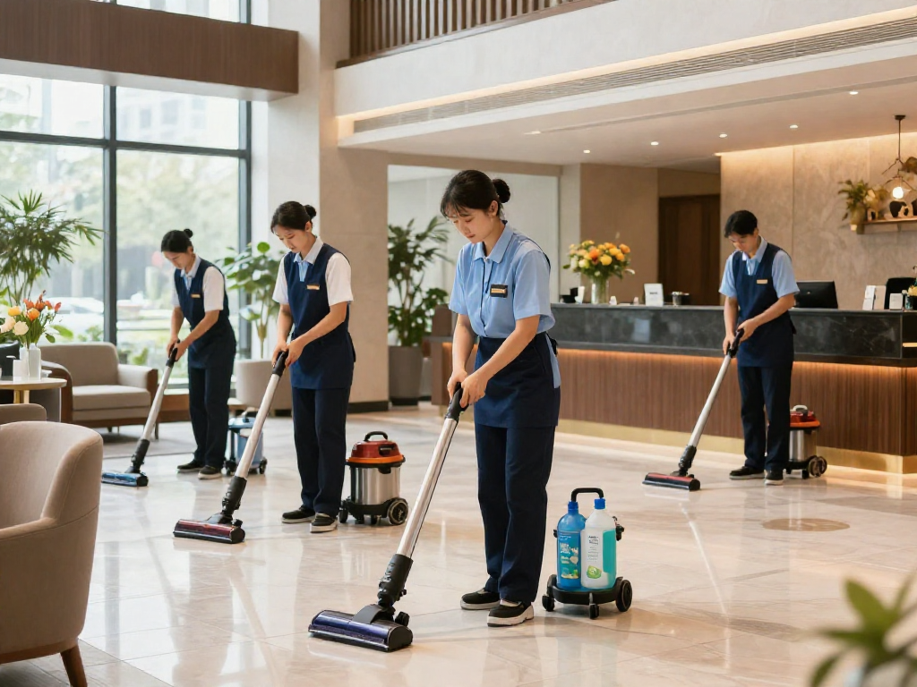 Hotelreinigungsfirma Dortmund in Aktion, professionelle Reinigungskräfte im modernen Empfangsbereich.