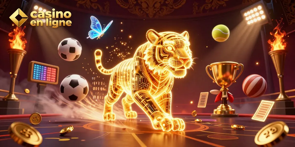 Profitez des jeux au casino en ligne avec cette illustration dynamique et captivante, réunissant un tigre doré et des éléments de paris sportifs.