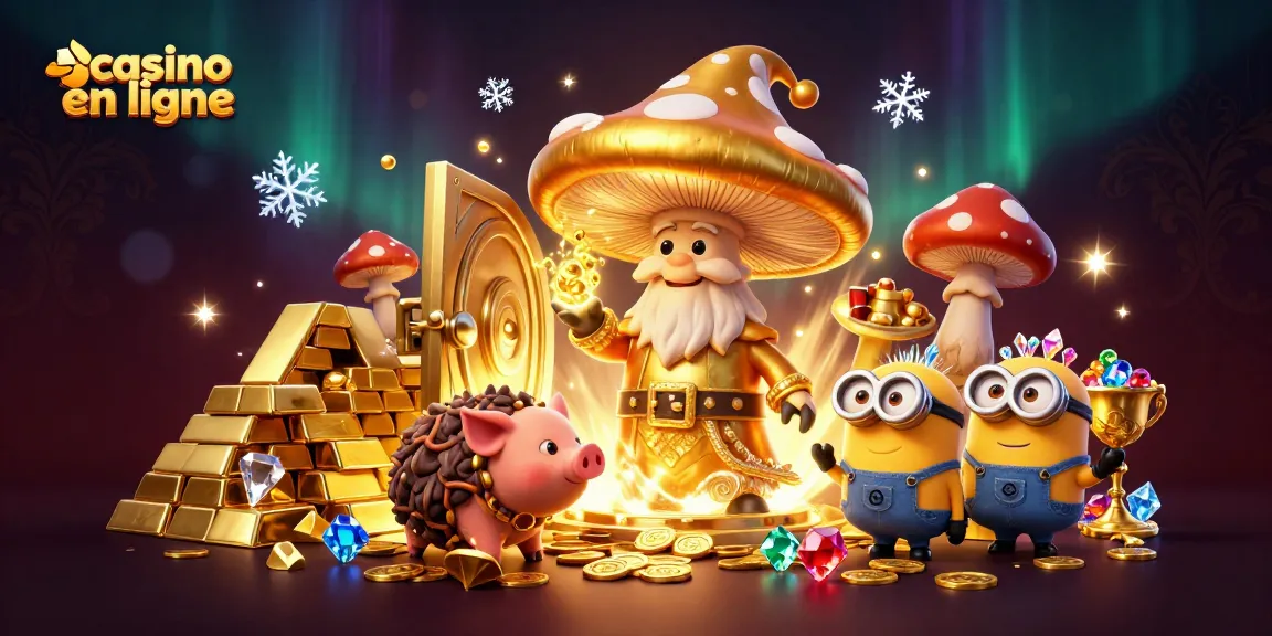 Jouez au casino en ligne avec des trésors magiques et des personnages fantastiques dans une scène colorée.