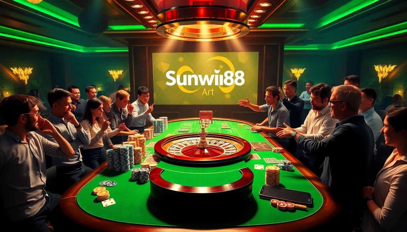 Engaged players at a luxury gaming table showcasing casino excitement at sunwin88.art with vibrant poker chips and cards.