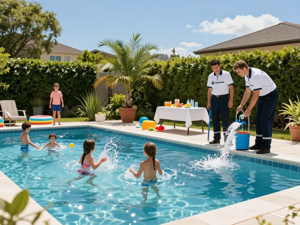 Dolphin Pool Services team inspecting a sparkling pool while a family enjoys a sunny day with kids playing.
