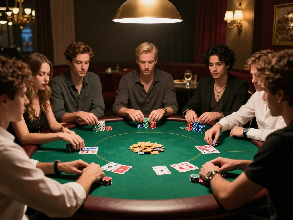 SUN WIN players enjoying a lively poker game with colorful chips and cards on a green felt table.