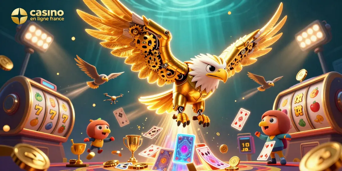 Illustration dynamique de casino en ligne France avec un aigle cybernétique sur fond aquatique.