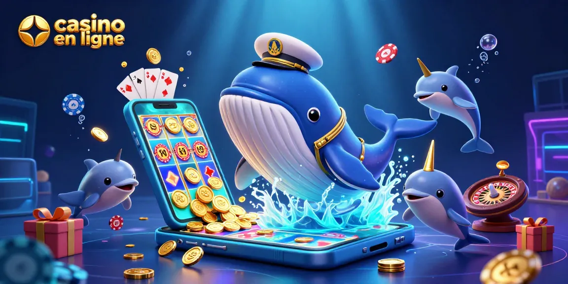 Illustration dynamique de casino en ligne avec une baleine et des dauphins jouant avec des jetons.