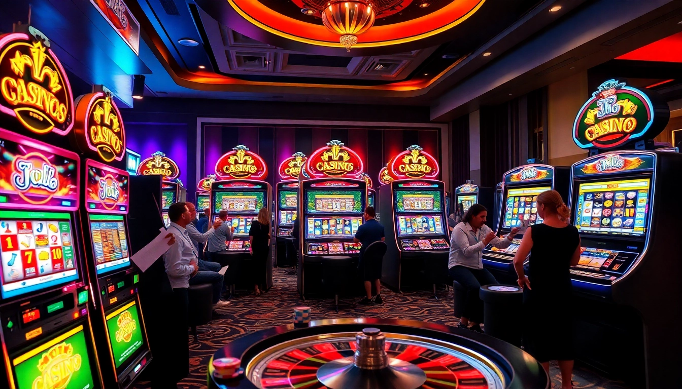 Players engaging with the onicplay slot machine, capturing excitement and winning moments in a vibrant casino.