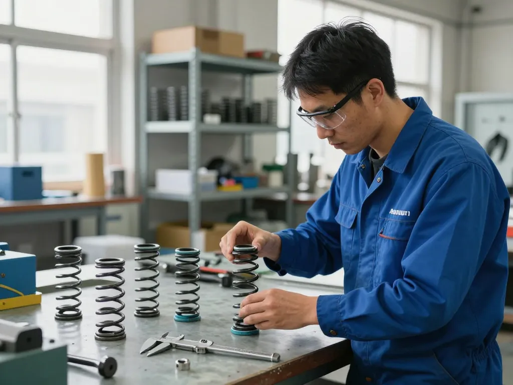 Tehnician calificat inspectând arcuri ciur într-un atelier industrial.