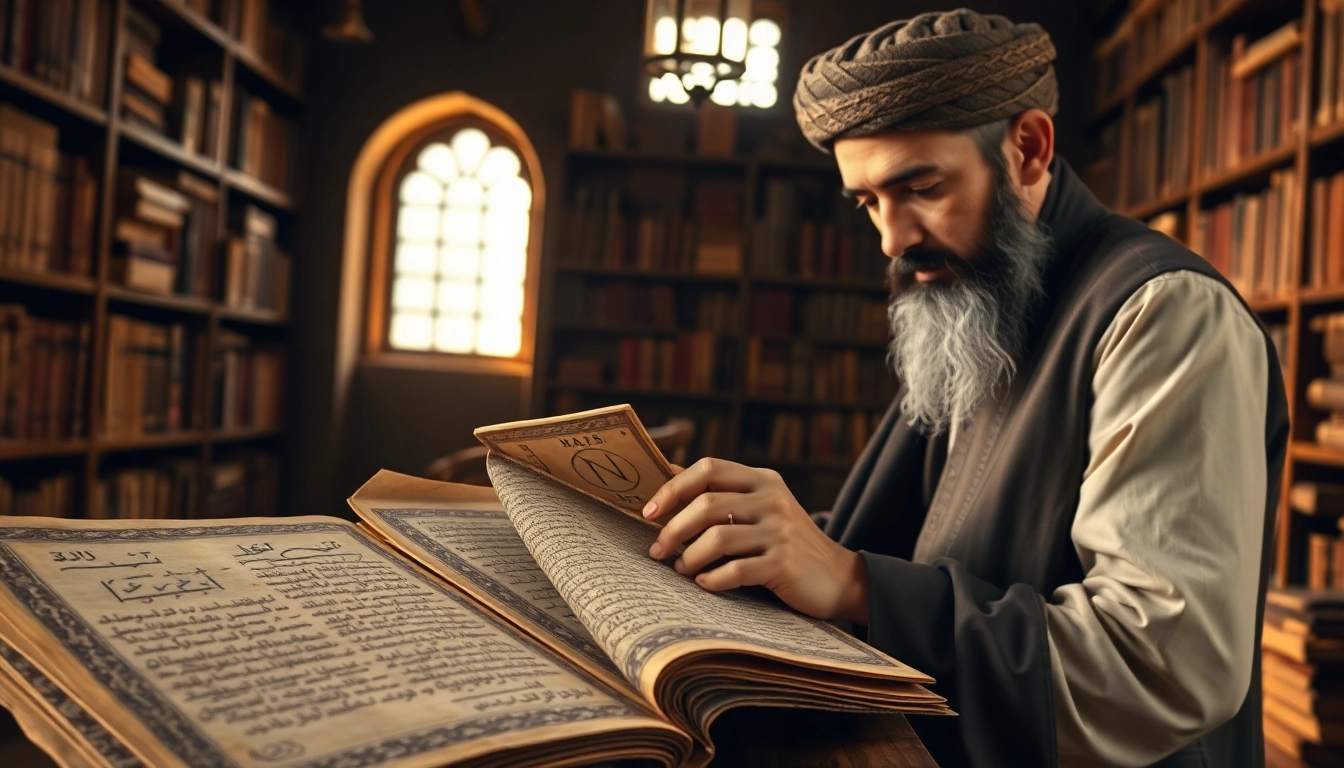 Depicting algorithm etymology, a scholar studies ancient texts in a warm, inviting library.
