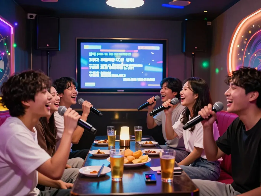 부평쓰리노에서 친구들과 함께 노래하고 음료를 즐기는 활기찬 프라이빗 룸의 신나는 노래방 밤.