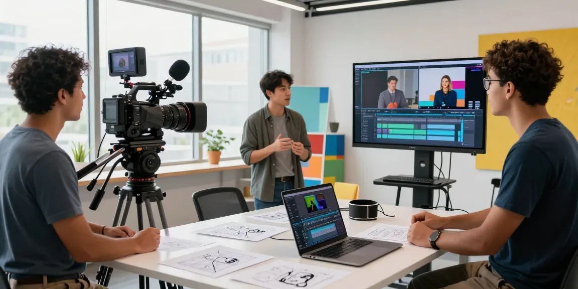 Corporate Video Production team collaborating on a project with cameras and editing tools in a modern studio.