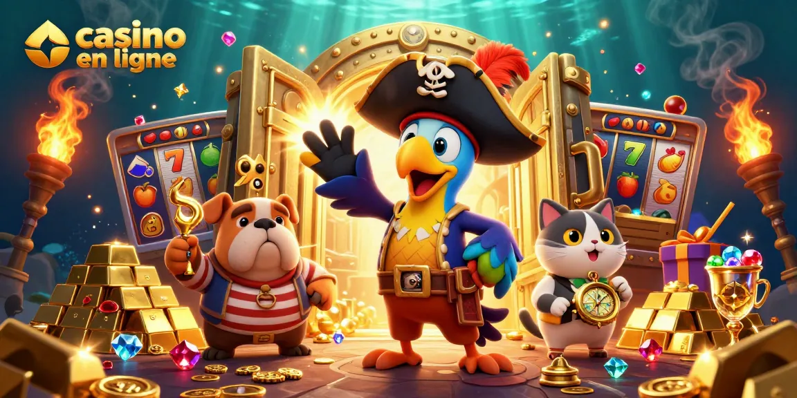 Plongez dans le monde du casino en ligne où un perroquet pirate en costume stimule l'action avec des trésors scintillants.