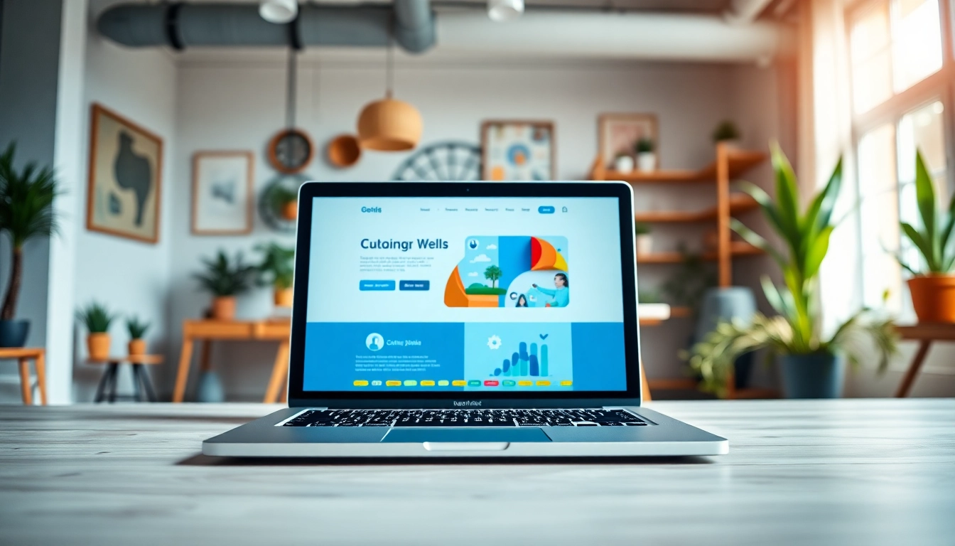 Web Design Hereford displayed on a modern laptop in a vibrant office setting.