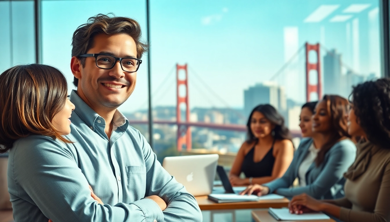 Business coach San Francisco advising clients in a modern urban office setting.