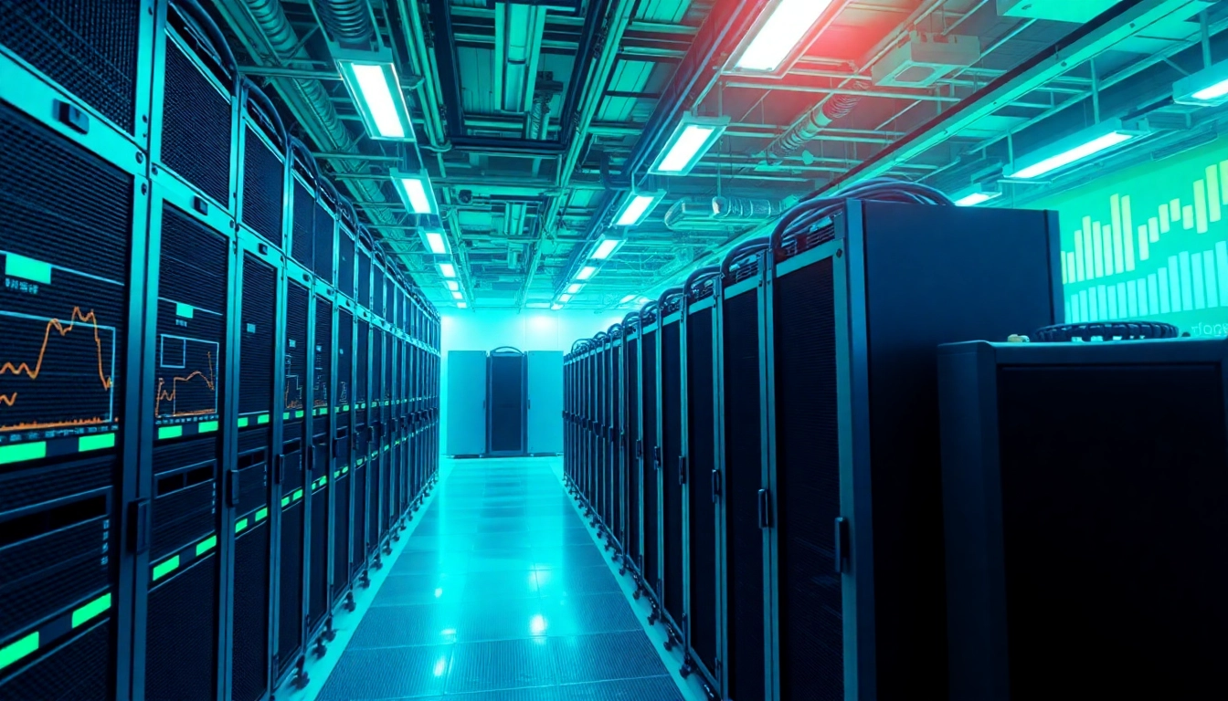 Crypto mining facility showcasing advanced ASIC miners and digital interfaces.