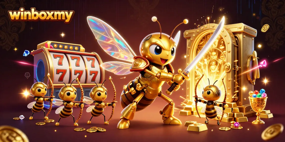 Experience the vibrant excitement of winboxmy with 3D characters celebrating casino victories, surrounded by treasures.