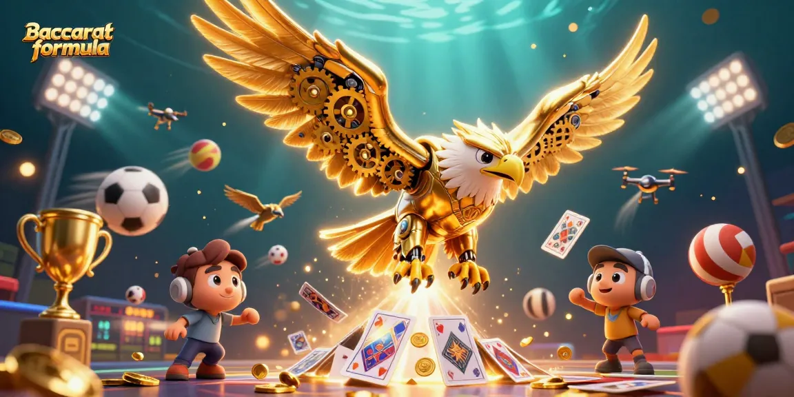 Experience the Baccarat formula through an illustration of a golden eagle diving amidst holographic plays and dynamic elements.