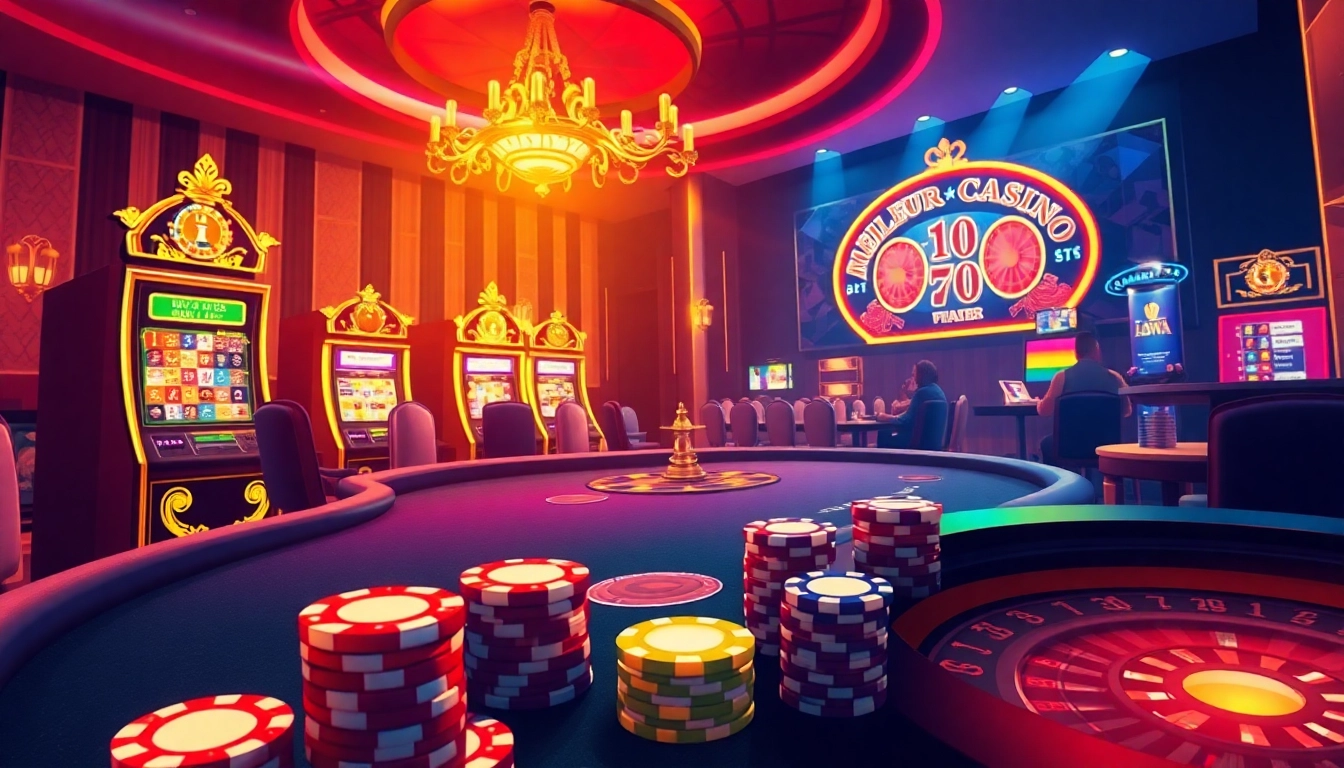 Scène excitante au meilleur casino en ligne avec des tables de poker, des machines à sous colorées et de la roulette.