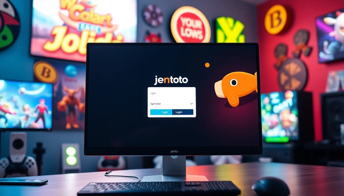 Login interface untuk jentoto login dengan layar monitor modern dan grafis permainan menarik.