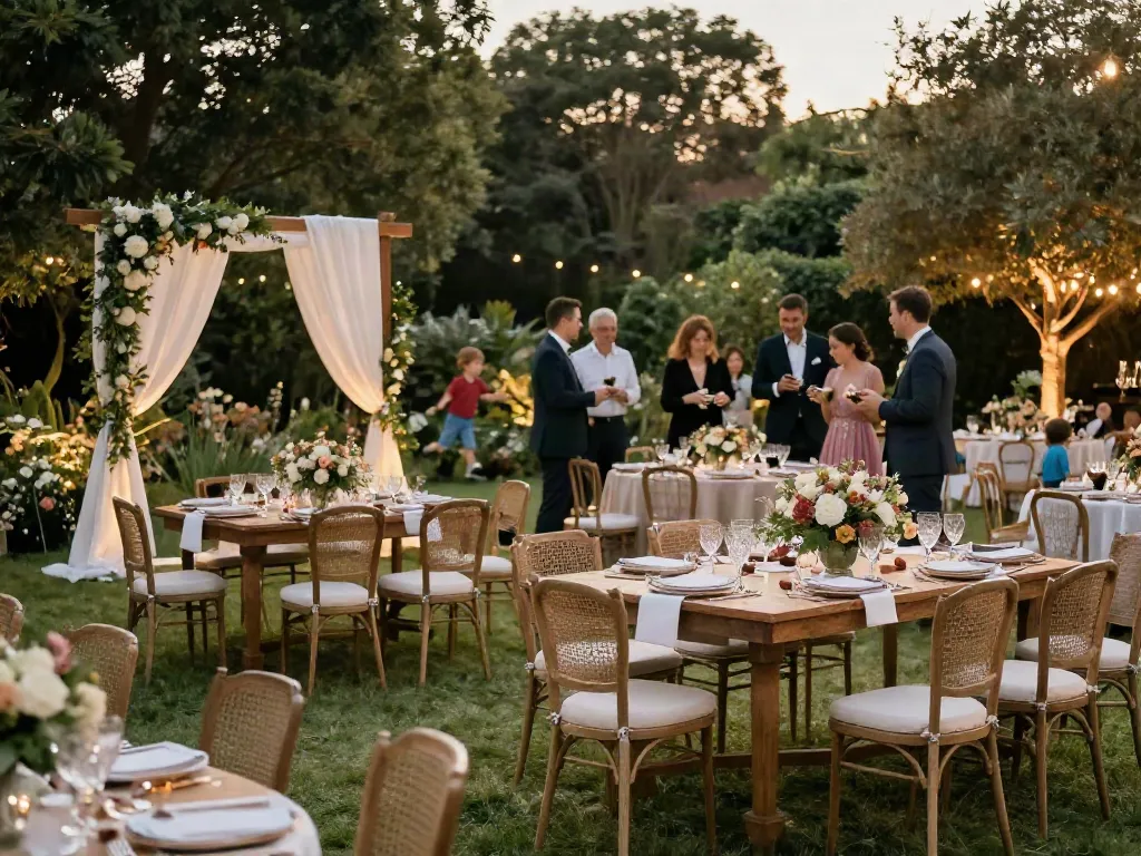 Event furniture rental scene with elegant tables and chairs set in a garden for a wedding