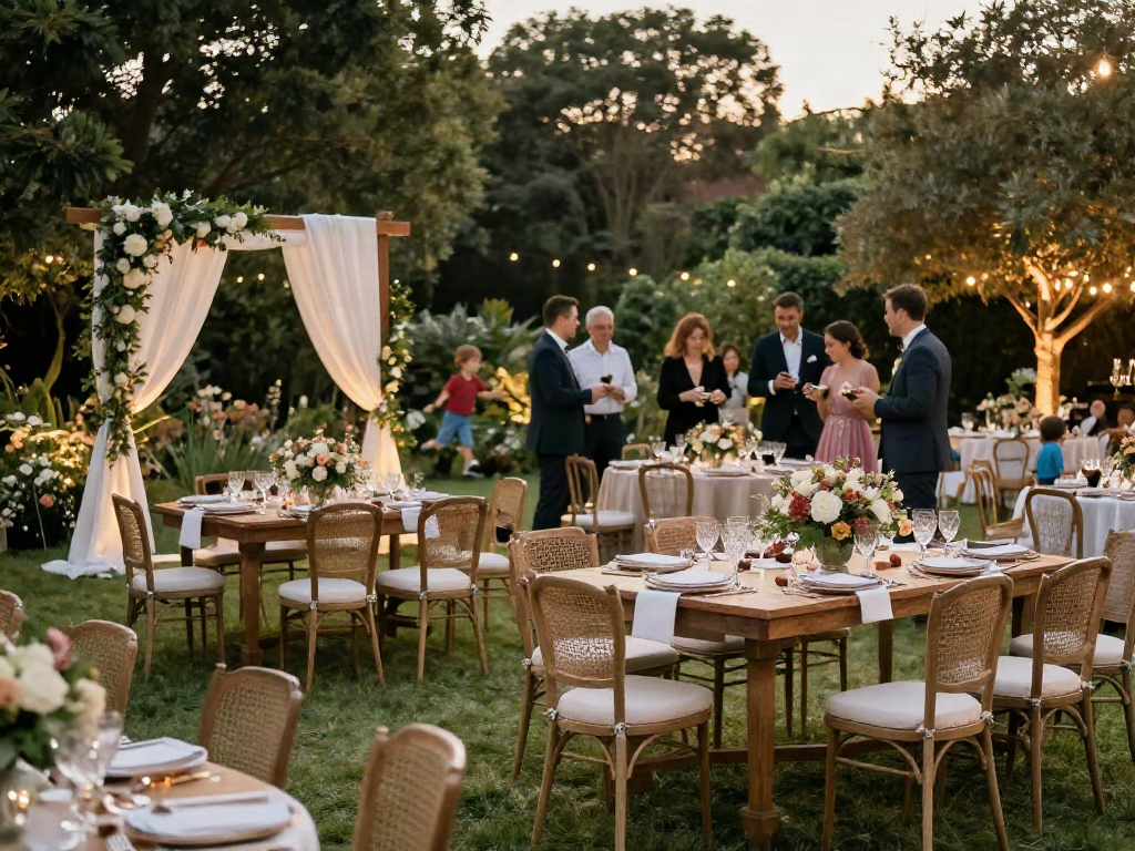 Event furniture rental scene with elegant tables and chairs set in a garden for a wedding