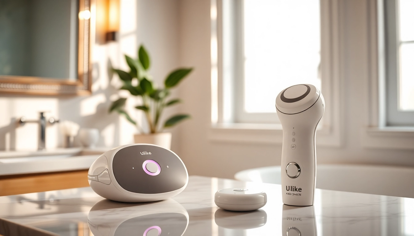 Compare the features of ulike vs 5 min skin hair removal devices in a stylish bathroom setting.