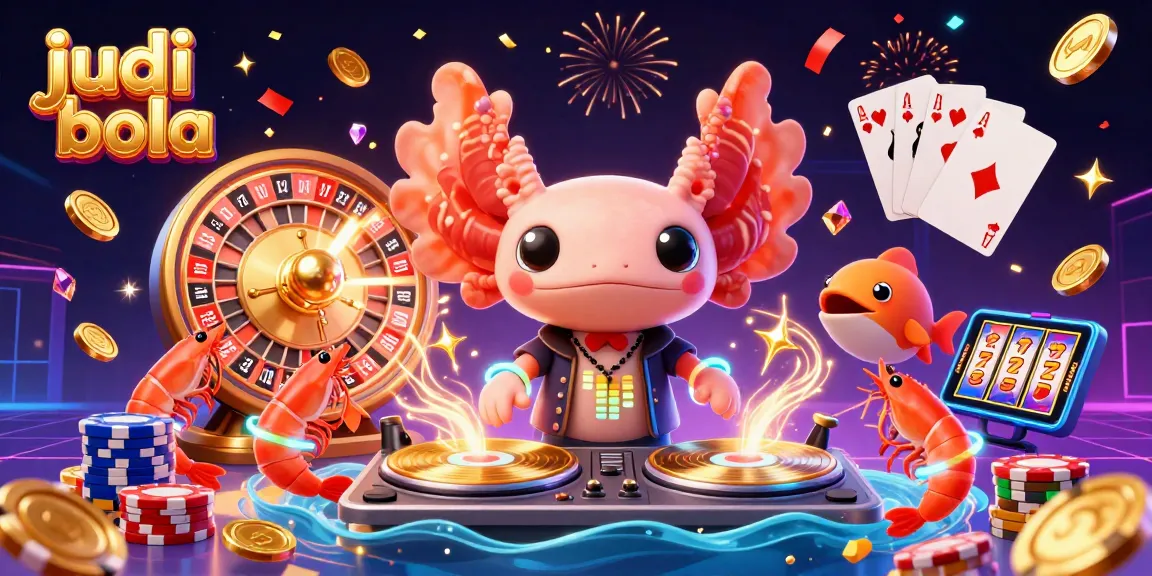 Join the fun at judi bola with a vibrant scene of a DJ axolotl spinning records surrounded by colorful casino elements.