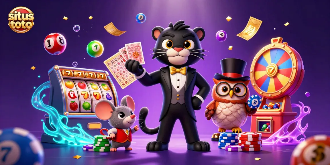 Situs toto showcases an exciting scene with a stylish panther dealing cards, owl with poker chips, and vibrant casino elements surrounding them