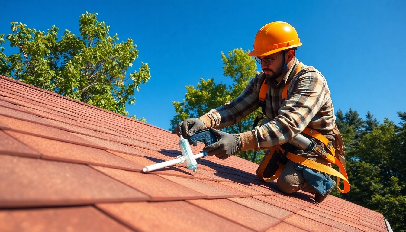 Roofer performing roof repair on shingles, ensuring quality and durability.